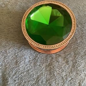 Small silver safekeeper jeweled box. Faux emerald lid. 3” X 3”.